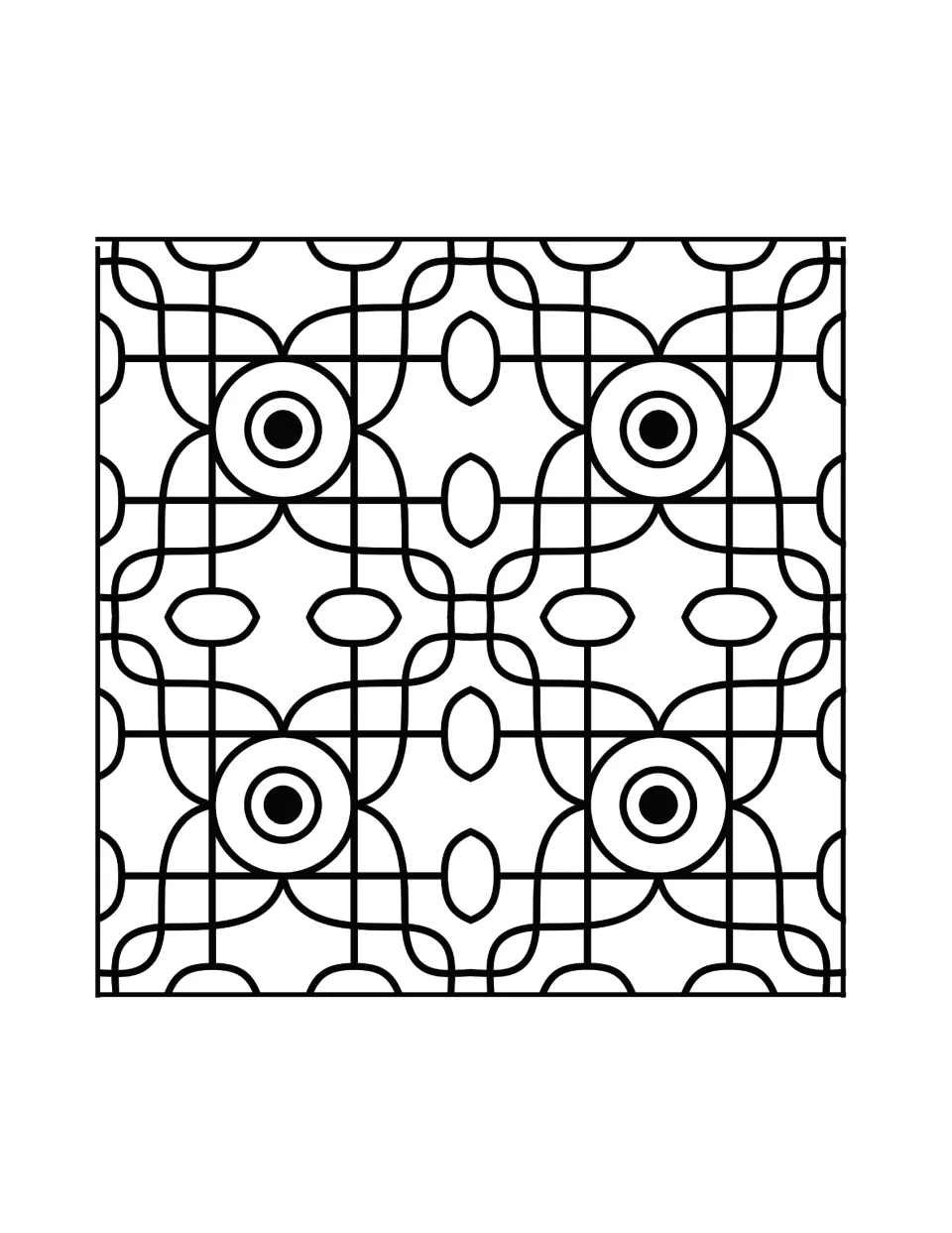 Diwali coloring sheet featuring a repeating geometric pattern with four circular flower centers and leaf shapes