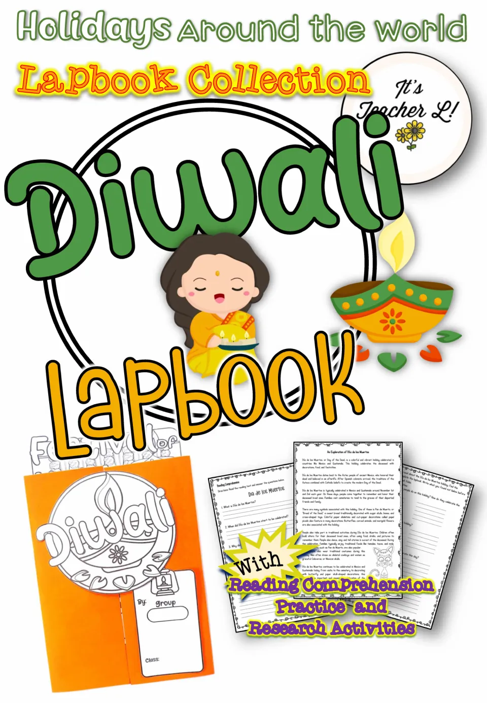 Diwali lapbook resource cover showing a completed project and advertising reading comprehension and research