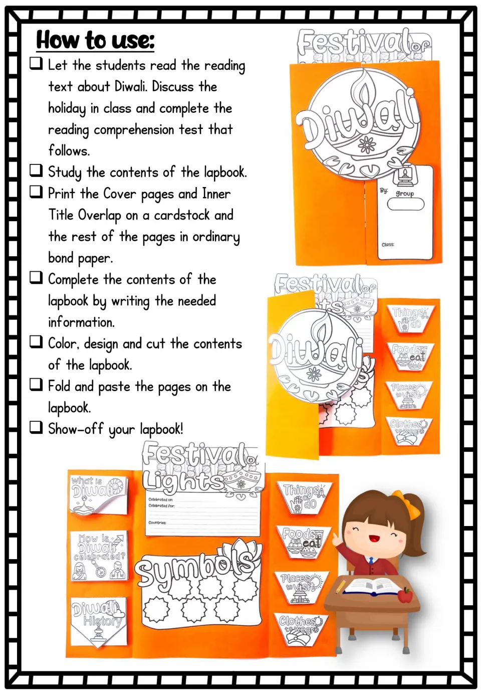 Lapbook instructions explain reading, discussion, printing, writing, coloring, cutting, folding, and pasting