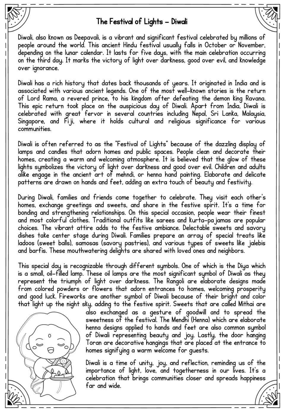 Reading passage introduces Diwali, its history, celebrations, foods, clothing, and symbols such as diyas