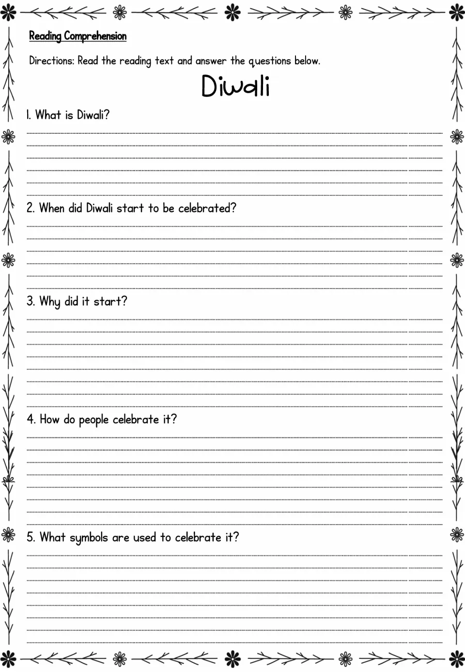 Diwali reading comprehension asks five questions about the holiday, its origins, celebrations, and symbols