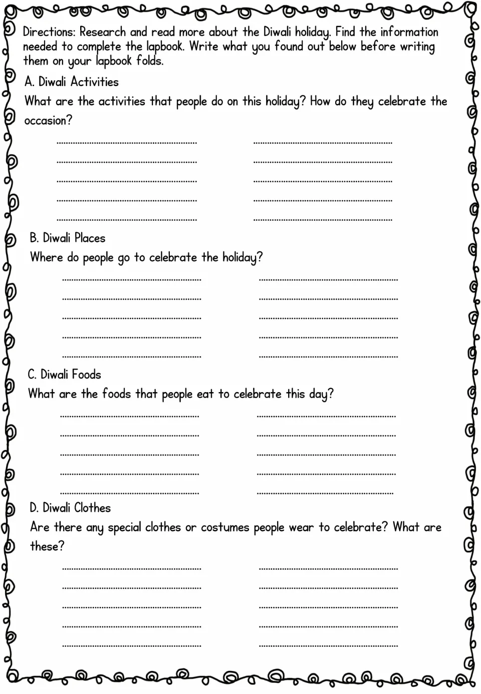 Diwali research activity gathers notes on activities, places, foods, and clothes for the lapbook folds