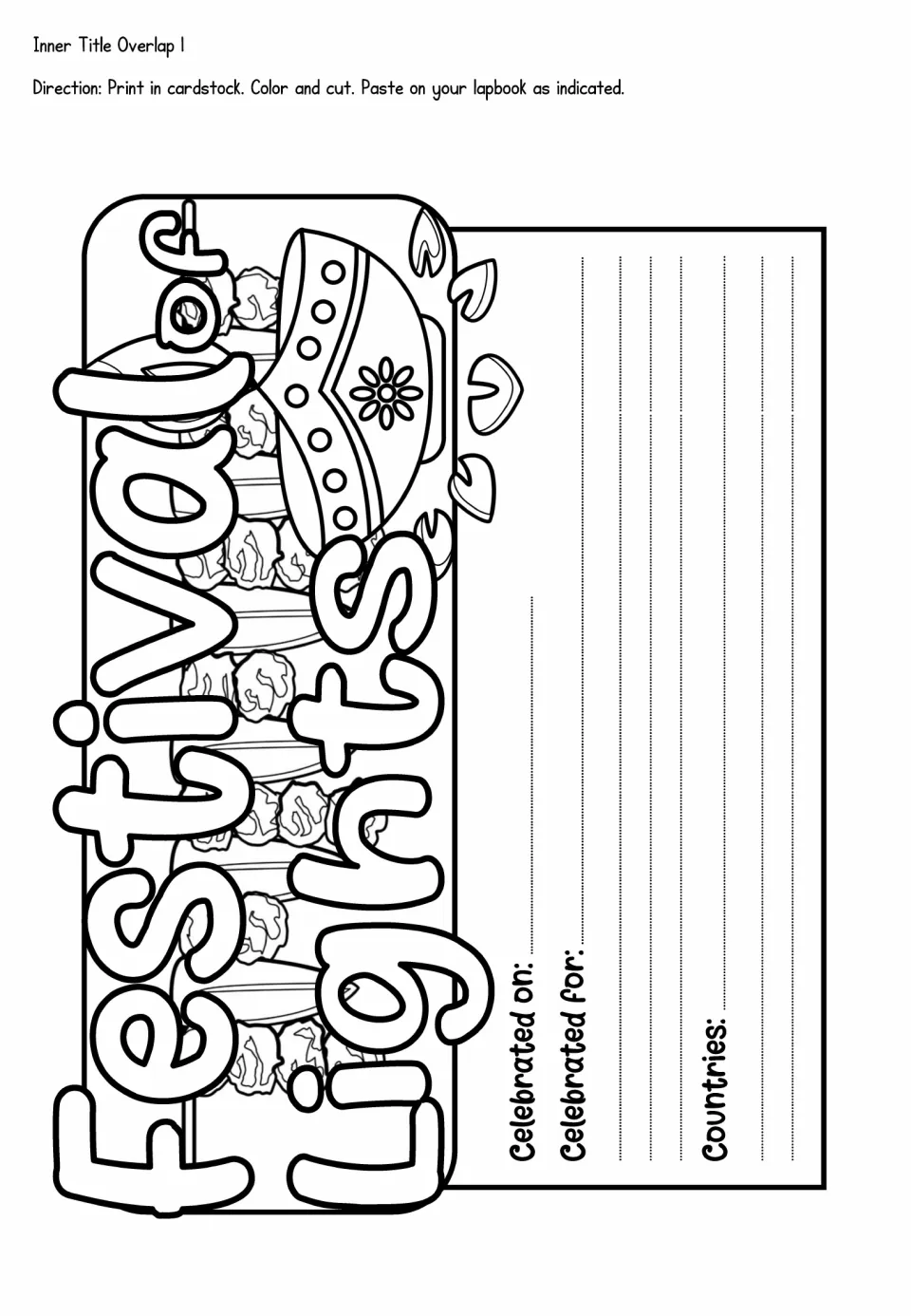 Lapbook inner title reads Festival of Lights and prompts for when, why, and in which countries it is celebrated