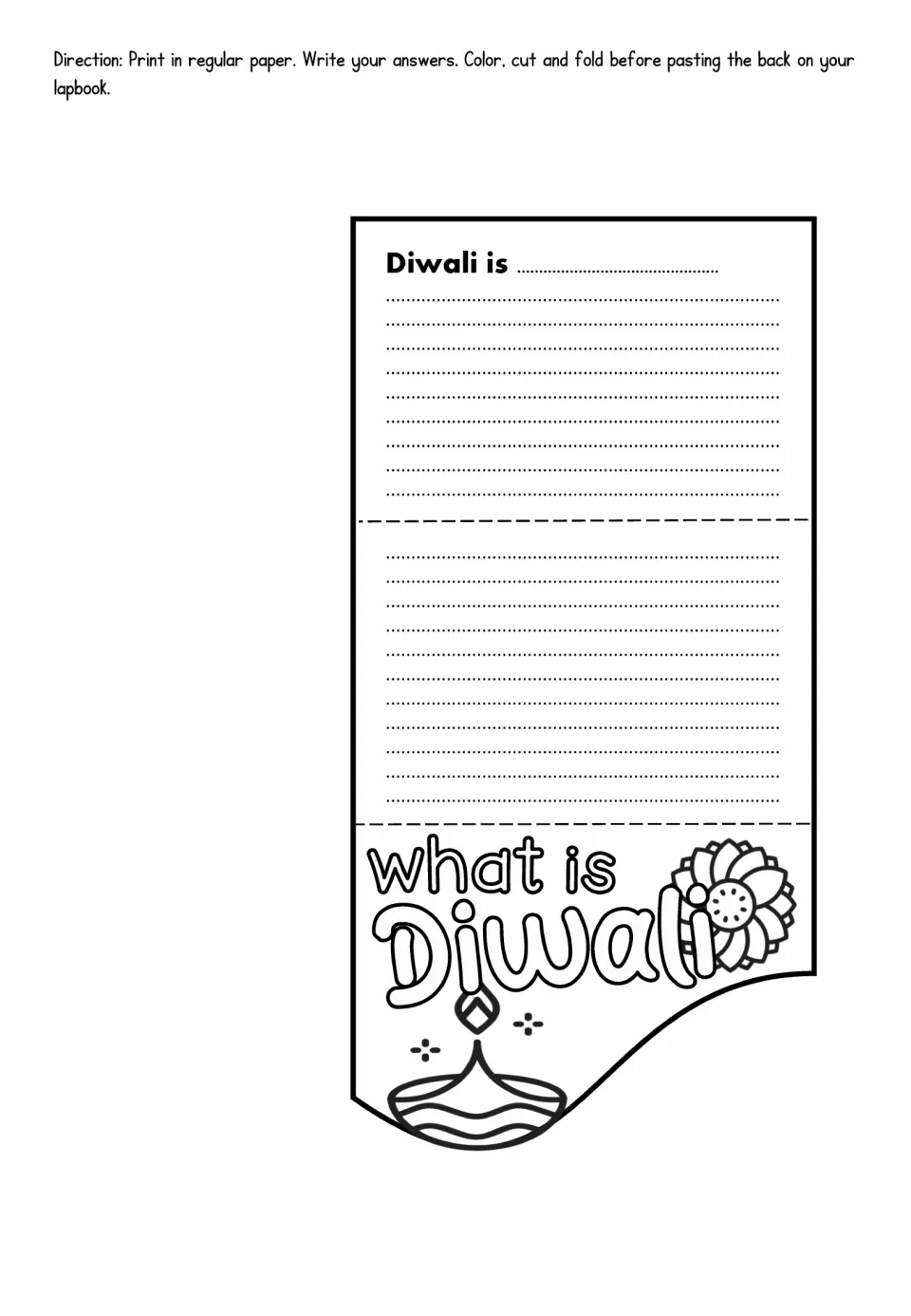 What is Diwali lapbook foldable includes the writing prompt Diwali is and directions to color, cut, and fold
