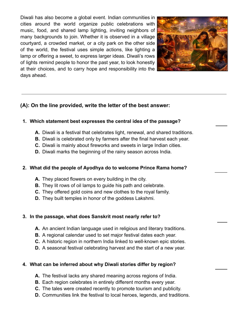 Diwali passage conclusion and questions 1–4 on the central idea, Rama, Sanskrit, and regional stories