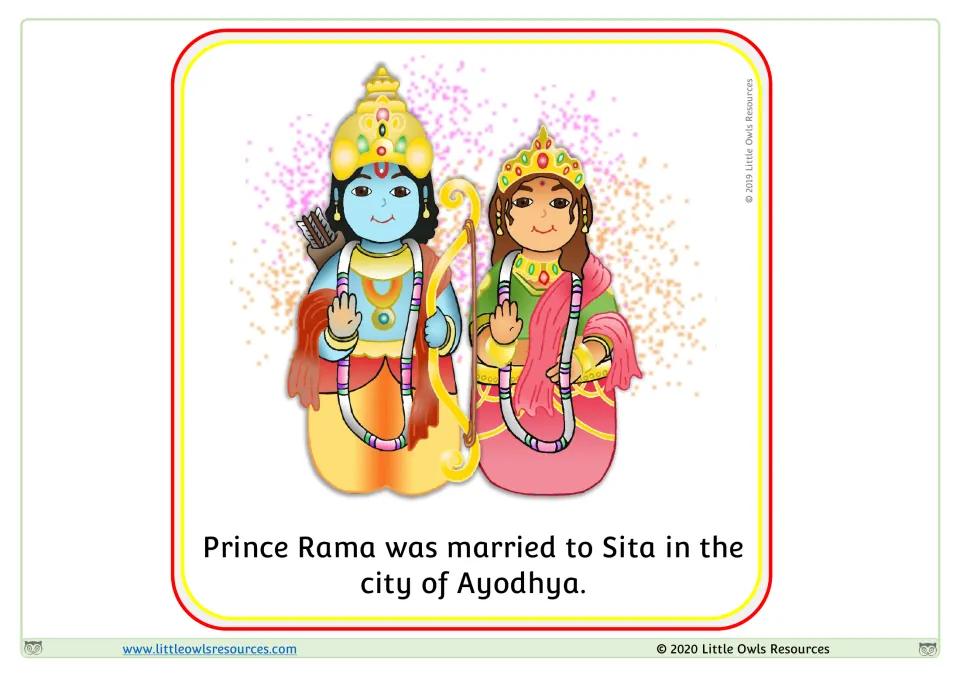 Diwali story sequencing card: Prince Rama, holding his bow, stands with Sita after their marriage in the city of Ayodhya