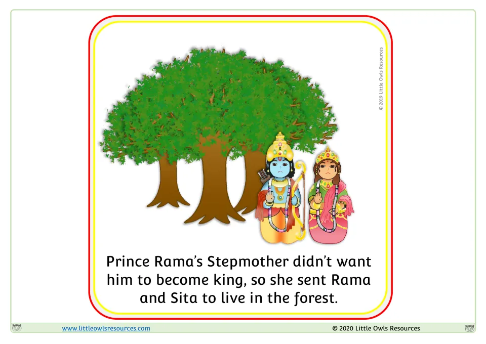 Story event card for ordering: Rama's stepmother sends Rama and Sita away to live in the forest, shown beside tall trees