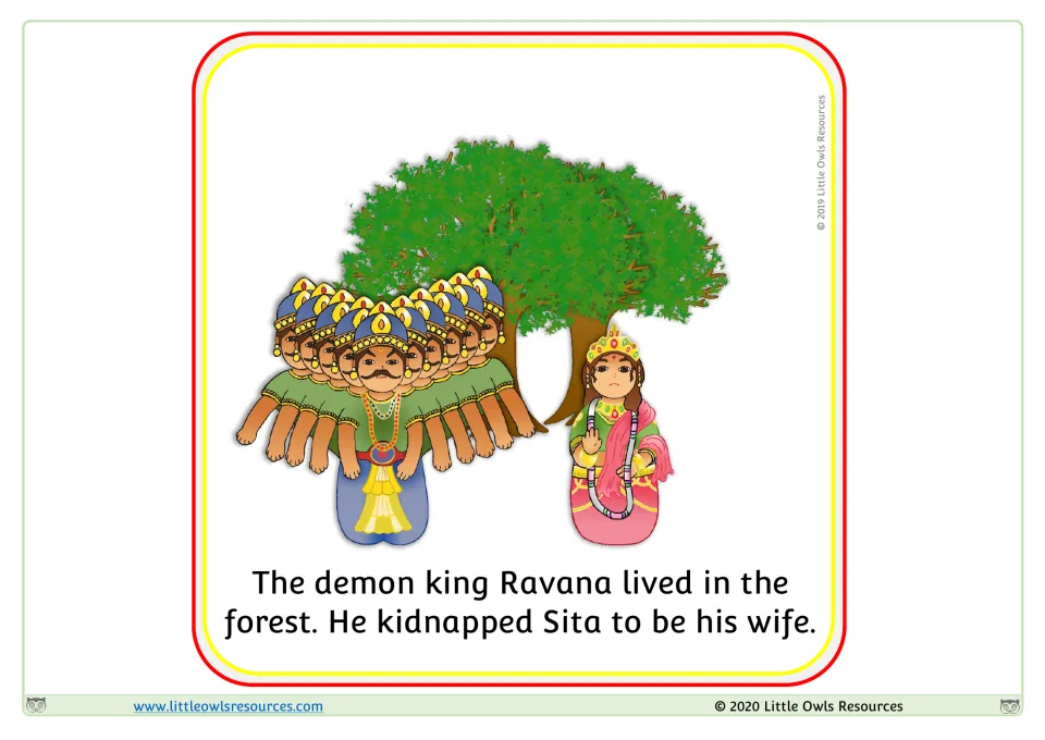 Rama and Sita sequencing card: the many-headed demon king Ravana lives in the forest and kidnaps Sita to be his wife