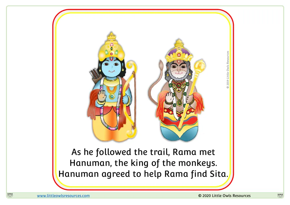 Sequencing card: Rama meets Hanuman, king of the monkeys, who holds a golden mace and agrees to help Rama find Sita