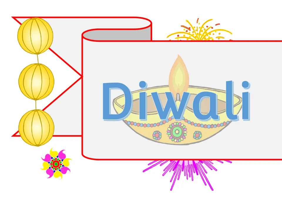 First sheet of the three-part shop banner, displaying the word 'Diwali' for the dramatic play shop