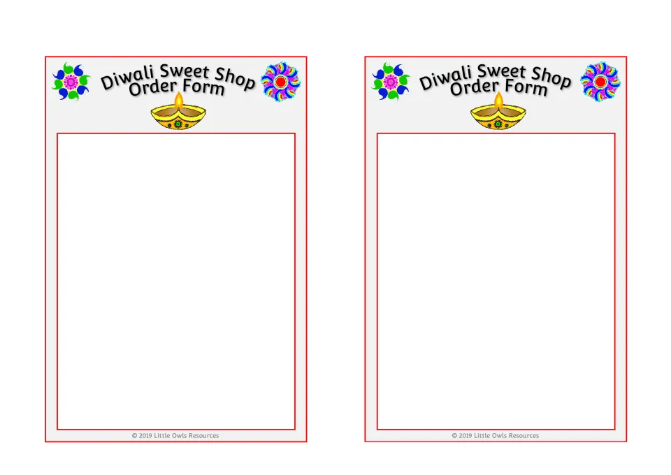 Two matching Diwali sweet shop order forms with blank writing space for mark making and emergent writing