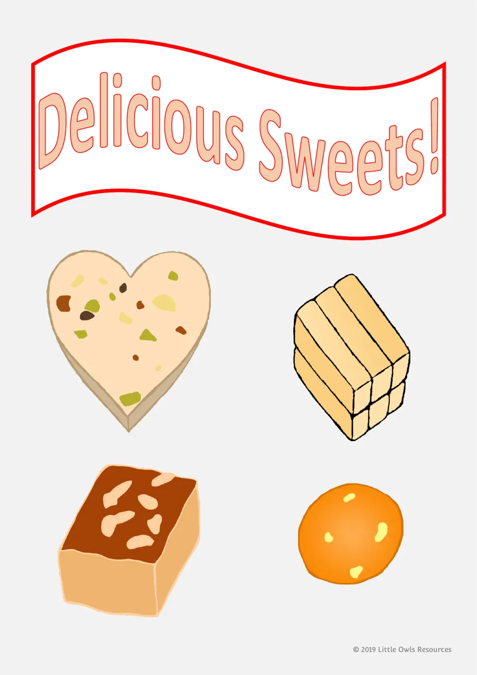 Shop display poster headed 'Delicious Sweets!' with four sweet illustrations, including a heart-shaped sweet