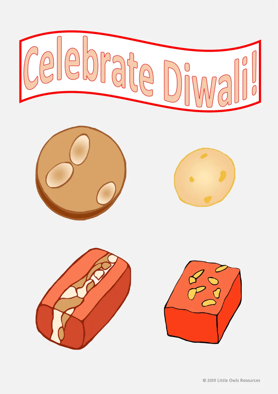 Shop display poster headed 'Celebrate Diwali!' with four sweet illustrations, including round and square sweets
