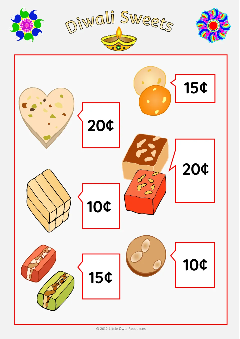 Diwali sweets price sheet showing six illustrated sweet groups with pre-filled prices of 10¢, 15¢, or 20¢