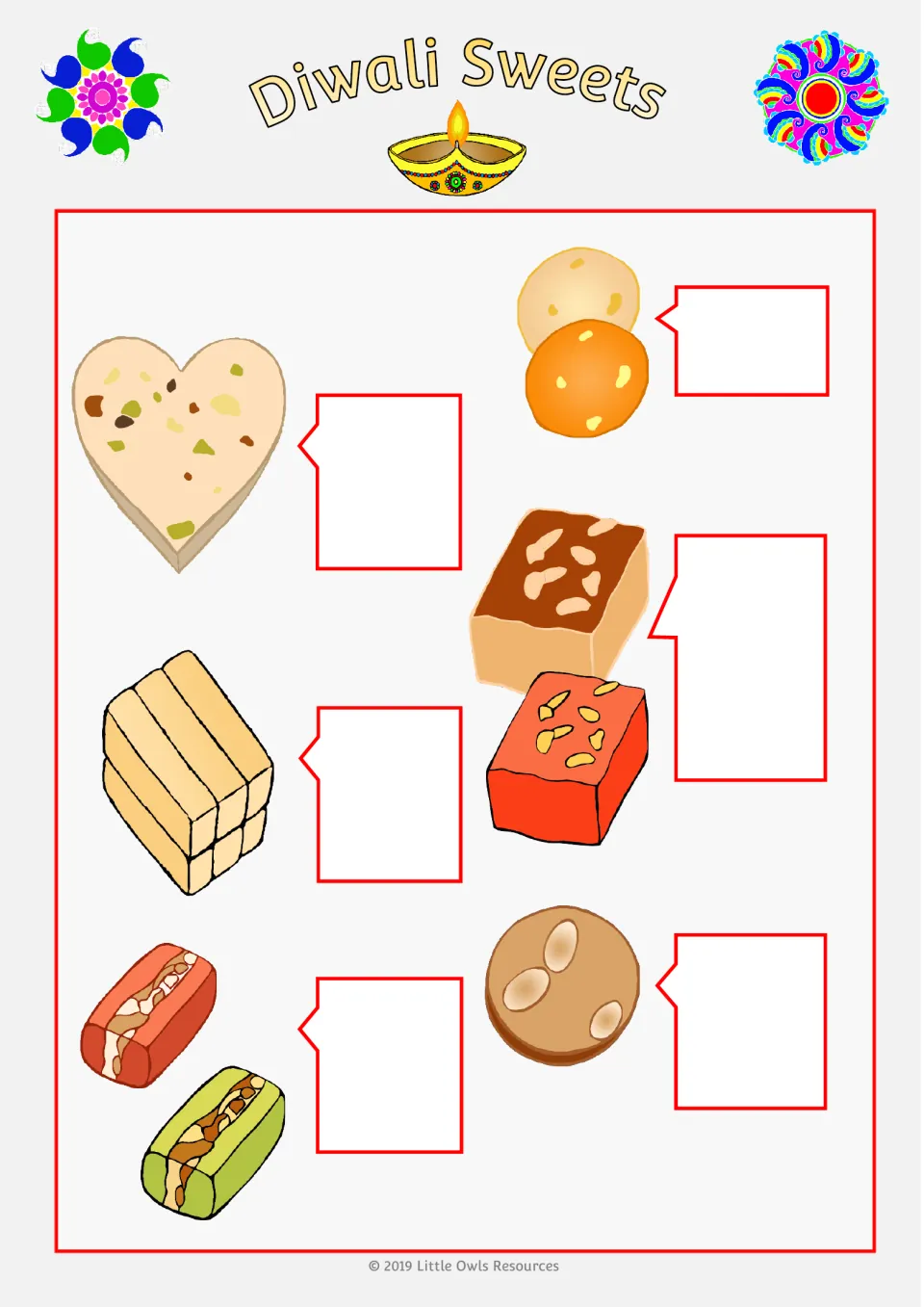 Diwali sweets price sheet showing the same six illustrated sweet groups with blank labels to fill in prices