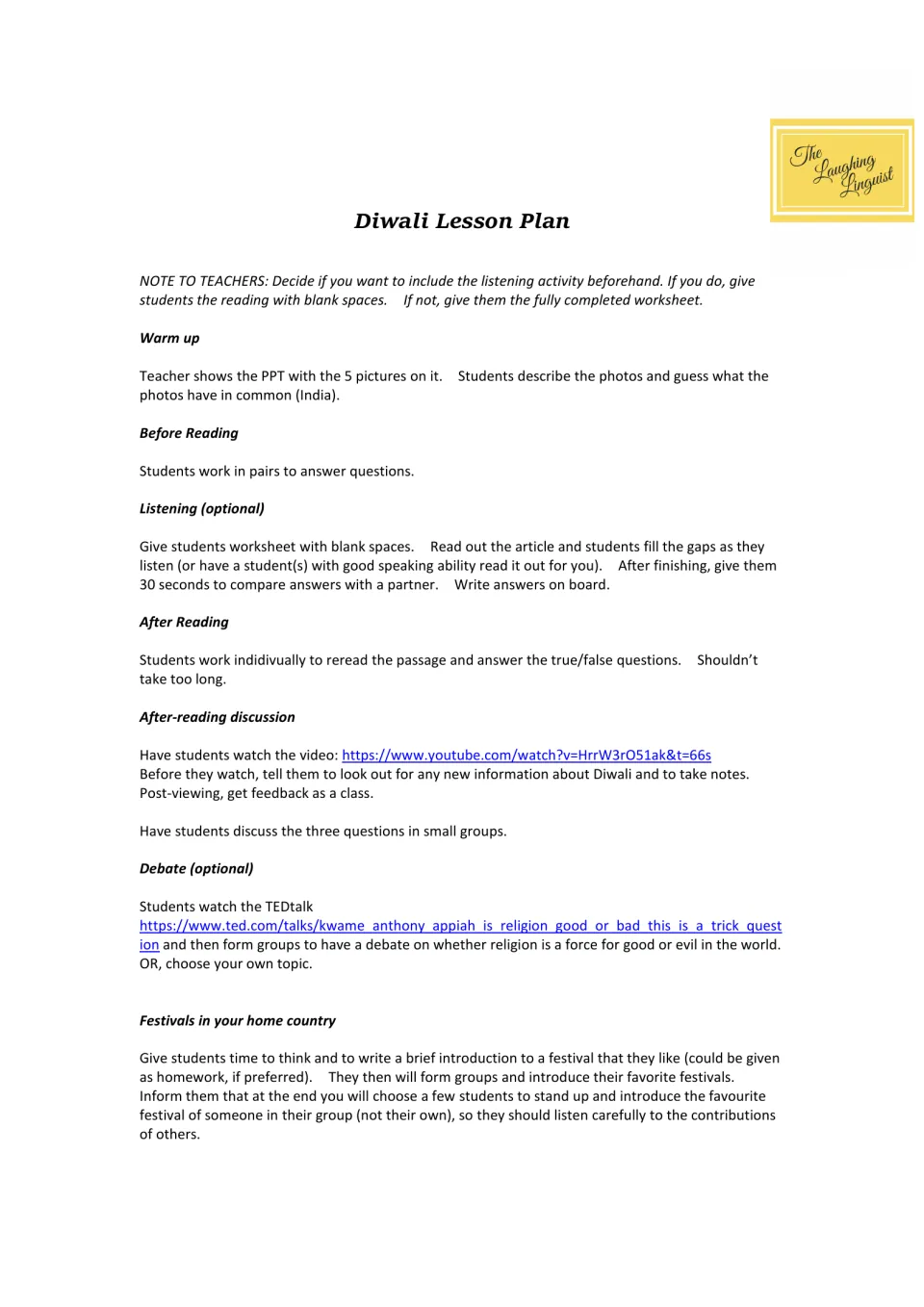 Teacher lesson plan for the reading worksheet, with optional listening, discussion, debate, and festival writing