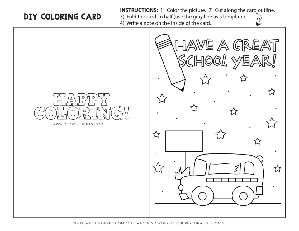 Have a Great School Year coloring card: students color a pencil, stars and school bus, then cut, fold and write a note