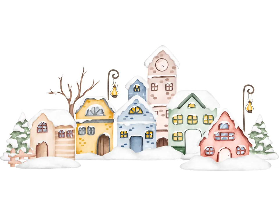 Christmas puppet set scenery: a snowy village with colorful houses, a clock tower, and two streetlamps