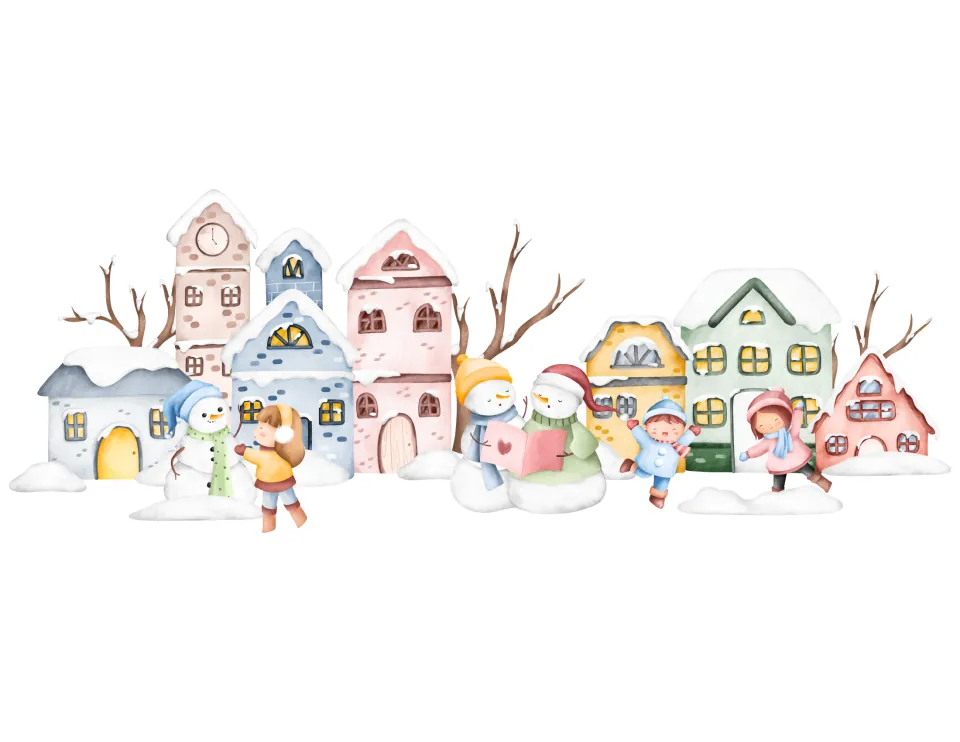 Christmas puppet set scenery: snowy village houses, three children, and three snowmen, two sharing a book
