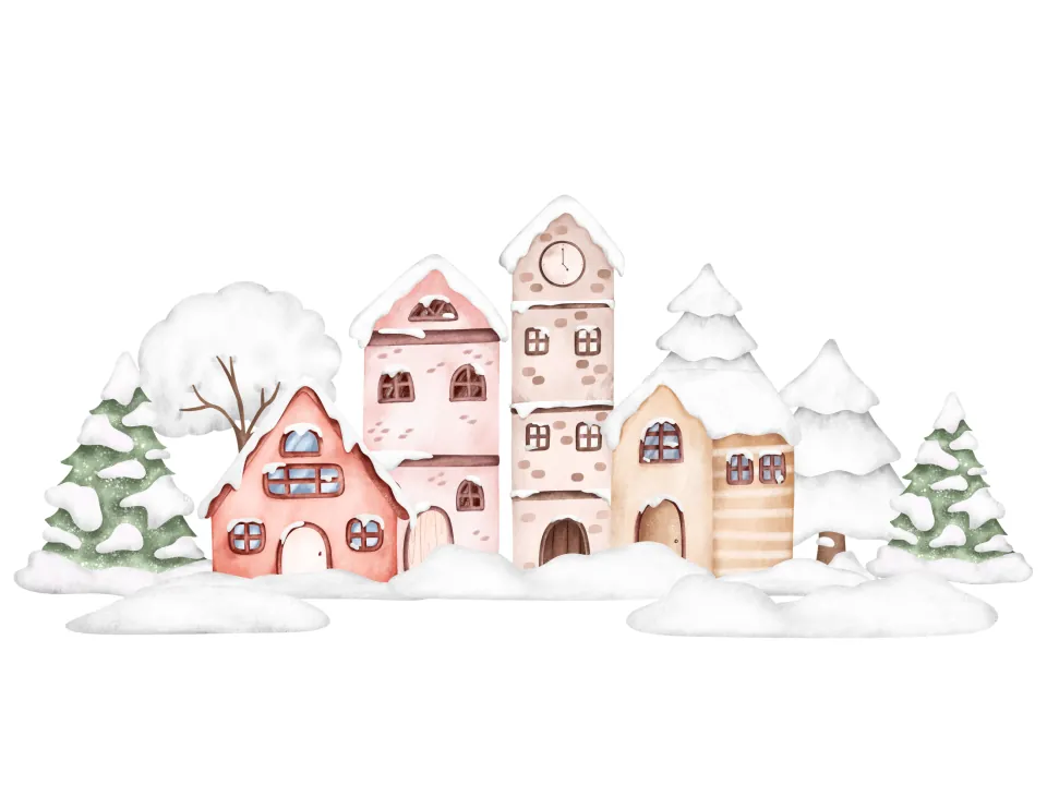 Christmas puppet set scenery: four snowy village buildings, including a clock tower, surrounded by trees