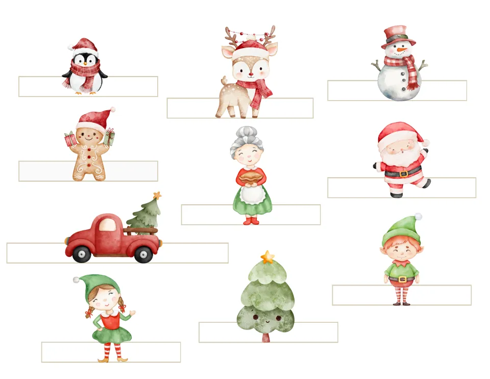 Christmas puppet and decor cutouts: Santa, Mrs. Claus, two elves, a reindeer, a penguin, and four more pieces