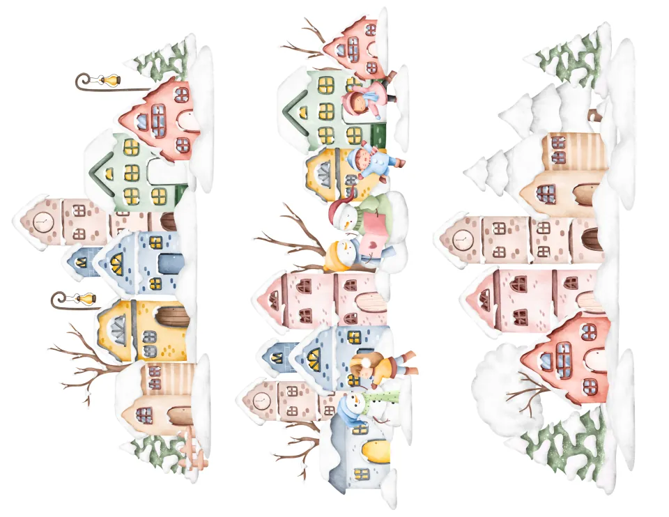 Christmas puppet set scenery sheet: all three snowy village scenes repeated at a smaller size for cutting out