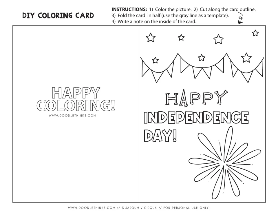 Happy Independence Day coloring card: students color stars, bunting and a firework, cut out, fold and write a note