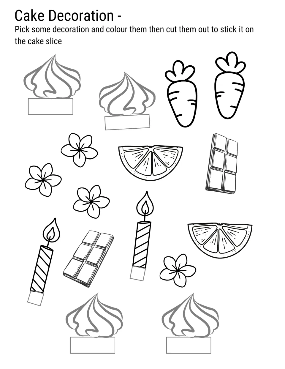 Cake decoration toppers to colour and cut out: cream swirls, candles, carrots, orange slices, flowers and chocolate bars