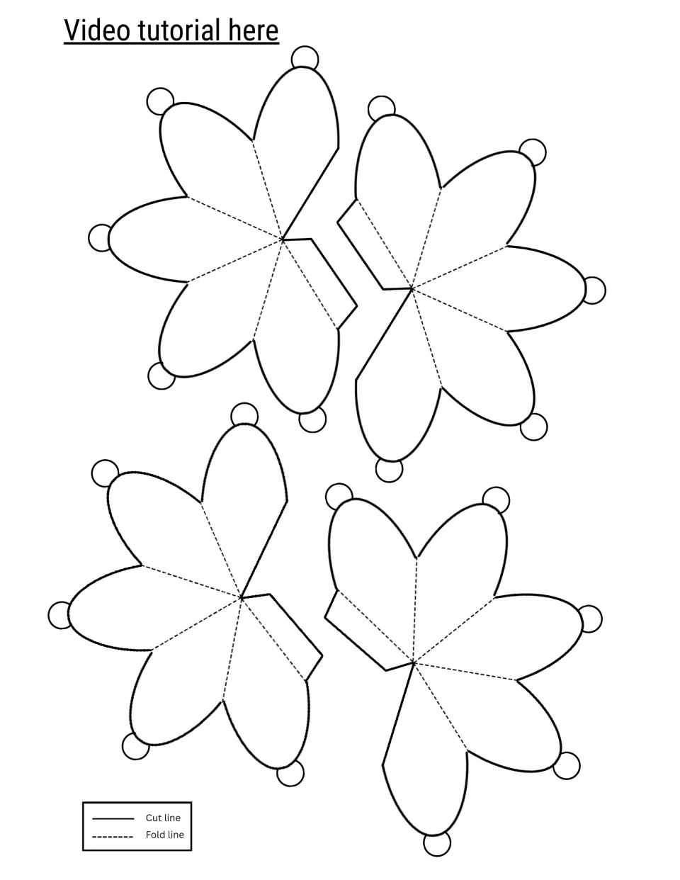 Four uncoloured five-petal berry nets with tabs to colour, cut on solid lines and fold on dotted lines into 3D toppers
