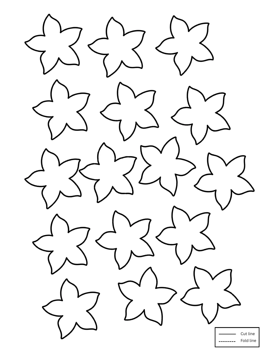 Sixteen outlined five-point leaf shapes for students to colour and cut out as extra cake decorations