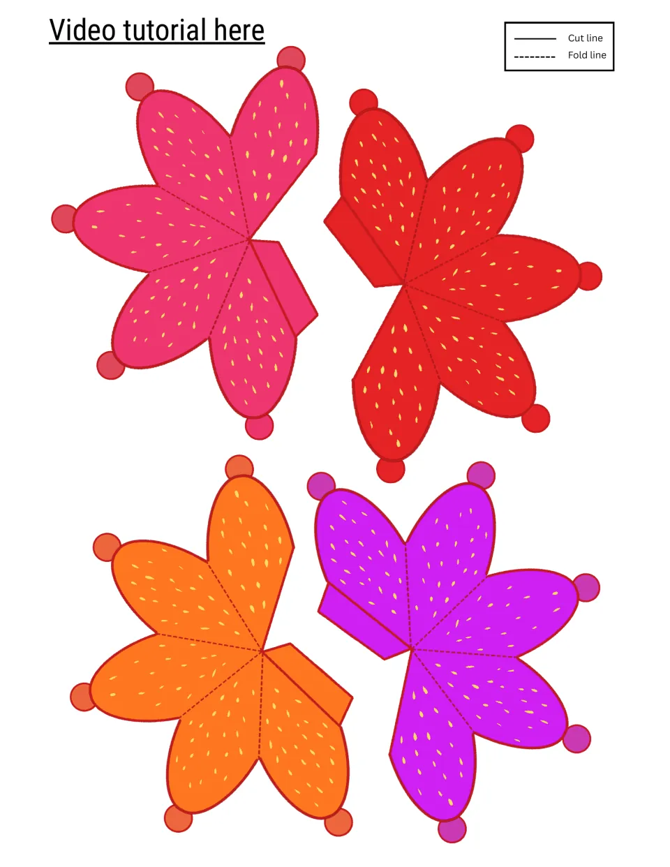 Ready-coloured berry nets in pink, red, orange and purple with seed dots; students cut and fold them into 3D toppers