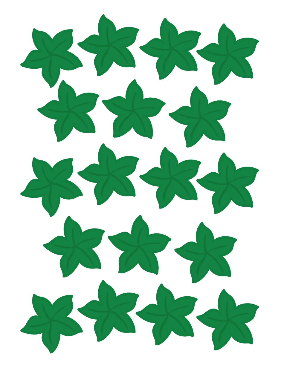 Eighteen pre-coloured green five-point leaves with vein lines for students to cut out and add as cake decorations