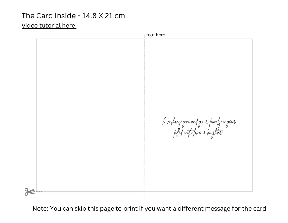 Inside of the New Year card: fold-in-half template printed with the message wishing a year filled with love and laughter