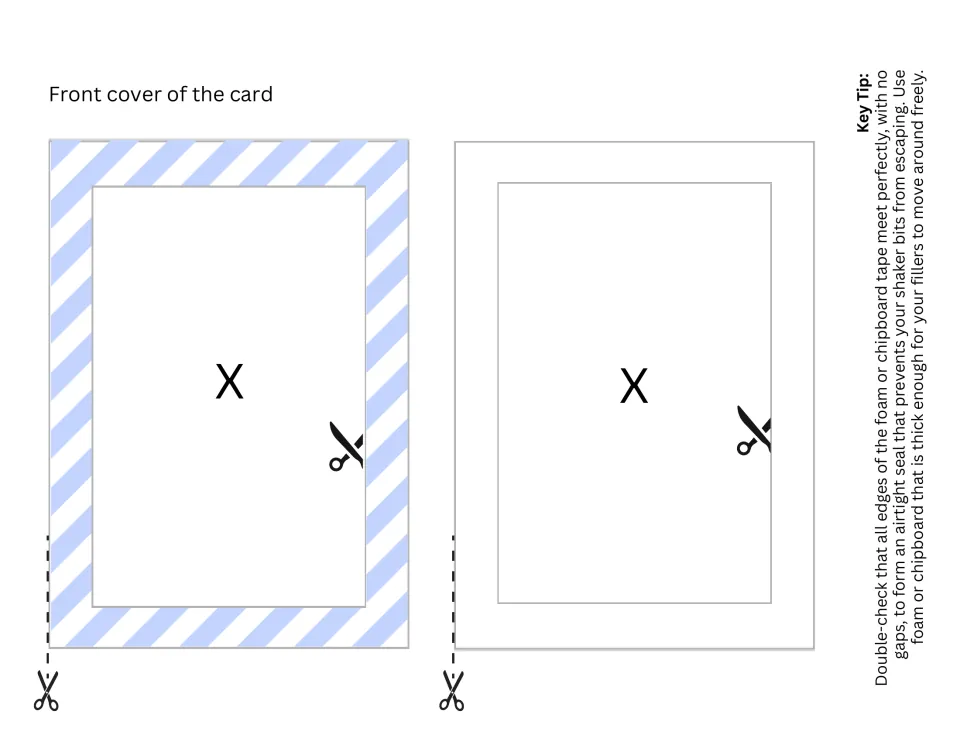Shaker card front: students cut out a blue-striped frame and a plain frame, removing each X window, plus a foam tape tip
