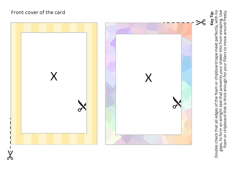 Shaker card front options: cut out a yellow-striped frame or a pastel watercolor-mosaic frame and remove the X window