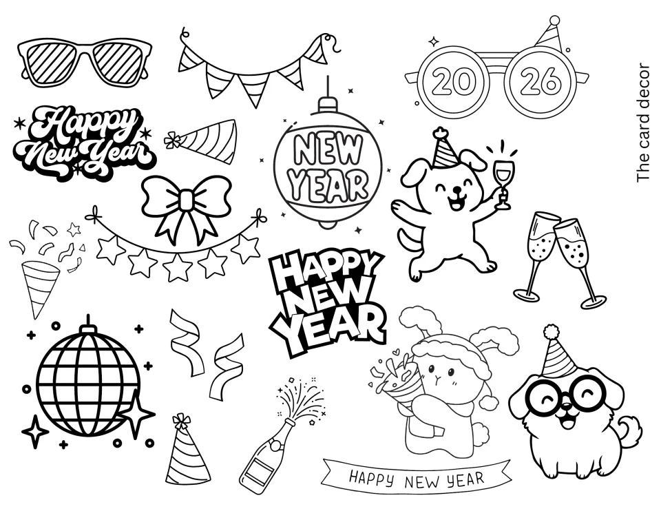 New Year card decor to color and cut out: Happy New Year lettering, 2026 glasses, disco ball, party hats and puppies