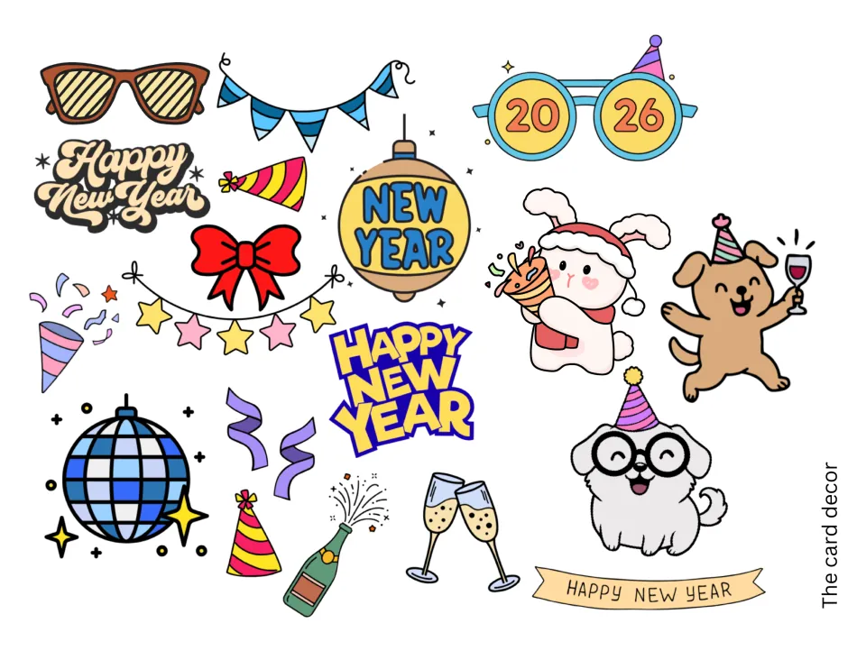 Full-color card decor cut-outs: Happy New Year banner, star garland, red bow, bunny with popper and dog in round glasses