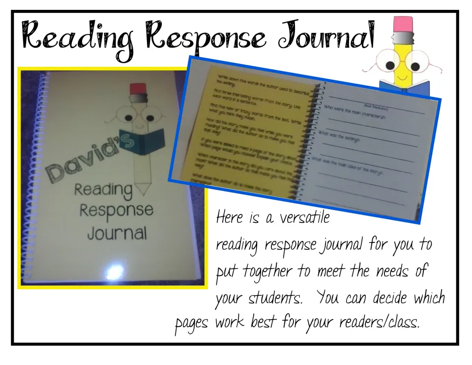 Reading Response Journal cover: photos of a spiral-bound student journal and its prompt pages, built from pages you choose