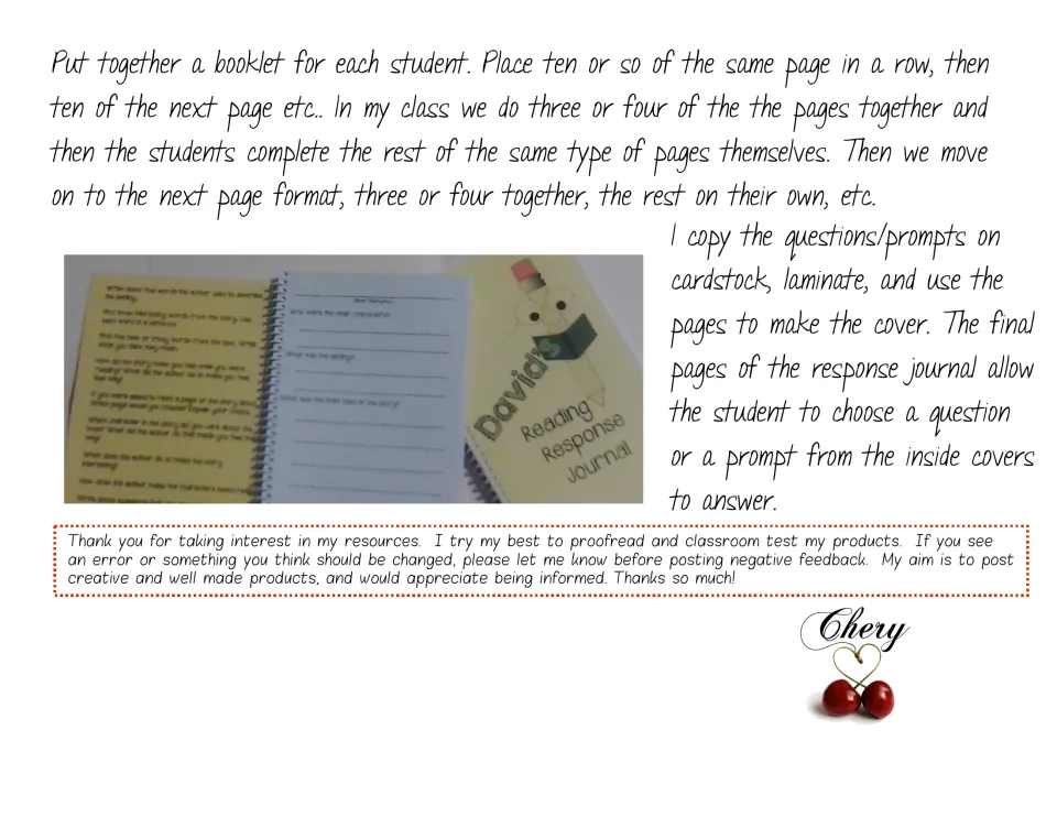 Assembly notes: copy ten of each page type, model three or four together, then students finish the rest on their own
