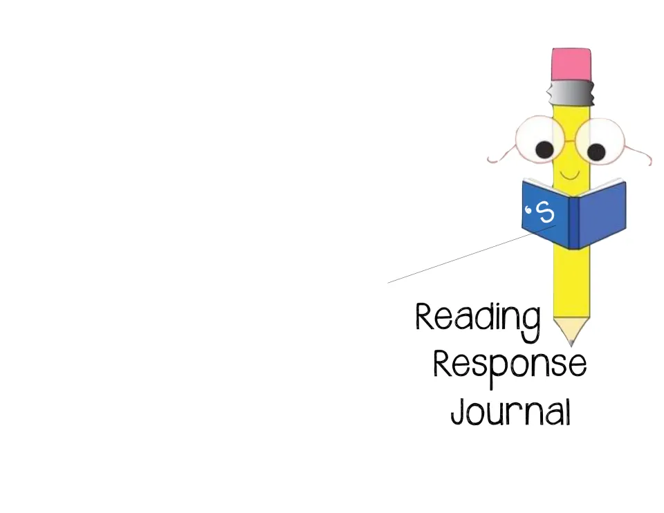 Student journal cover: a pencil character reading a book, a blank line for the student's name and the journal title