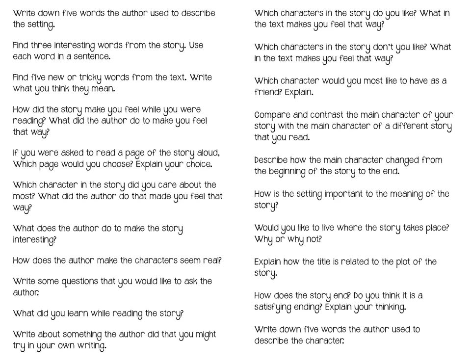 Reading prompts: 21 questions on author's craft, word choice, characters, setting, title and ending to answer in writing
