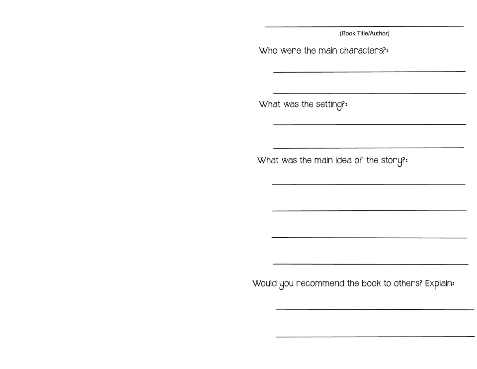 Story elements and recommendation: characters, setting and main idea prompts, plus whether students recommend the book