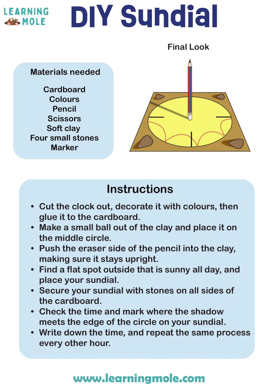 Sundial build guide: materials list, finished-model diagram and 7 steps for marking the shadow every other hour