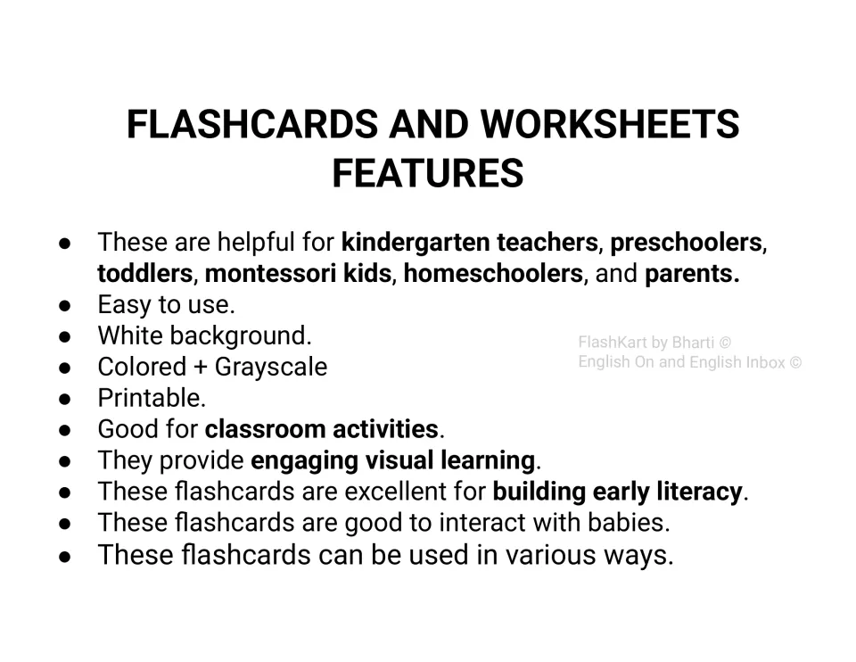 Flashcards and worksheets features list: printable alphabet cards in colored and grayscale versions on a white background