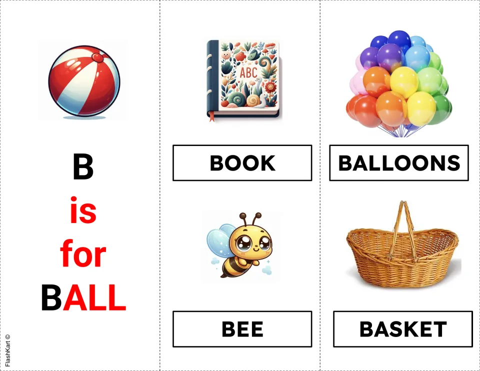 Letter B flashcards: B is for ball card with picture-word cards for book, balloons, bee and basket: initial sound practice