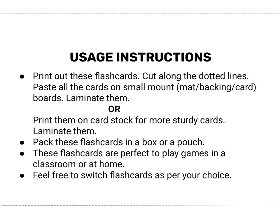Usage instructions: print the cards, cut them apart, mount or print on card stock, laminate and store in a pouch