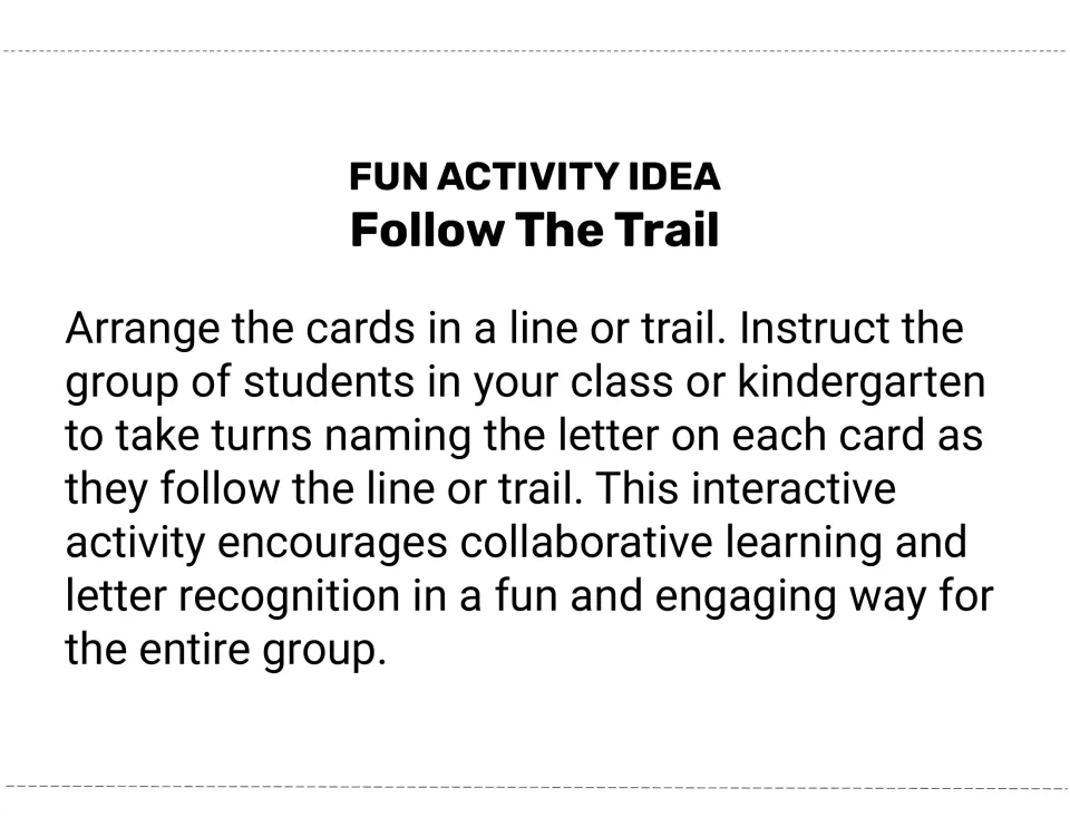 Follow The Trail game: cards are laid out as a trail and students take turns naming the letter on each card they reach