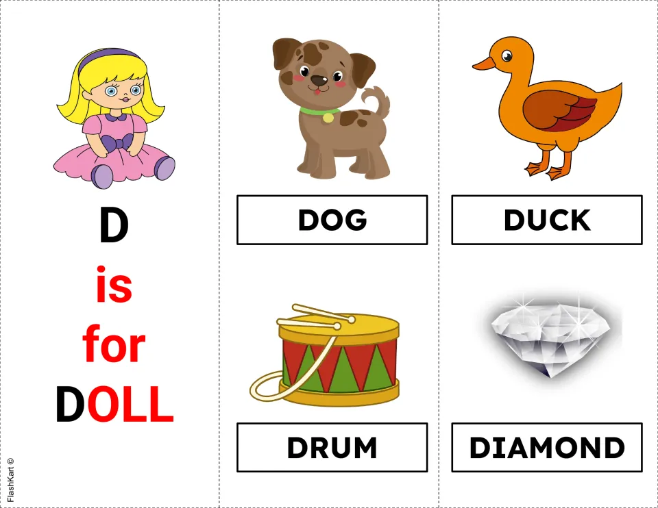 Letter D cards: D is for DOLL with a doll picture, plus dog, duck, drum and diamond pictures, each labeled with its word