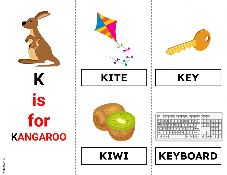 Letter K cards: K is for KANGAROO with a kangaroo picture, plus kite, key, kiwi and keyboard, each labeled to read aloud