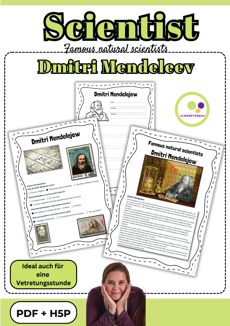 Cover of the Mendeleev comprehension packet showing biography, profile, and quiz samples, labeled PDF + H5P